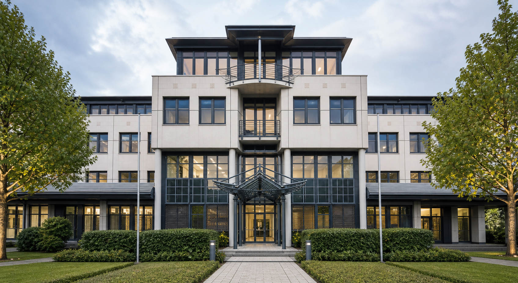 Modern German headquarters building with landscaped entrance