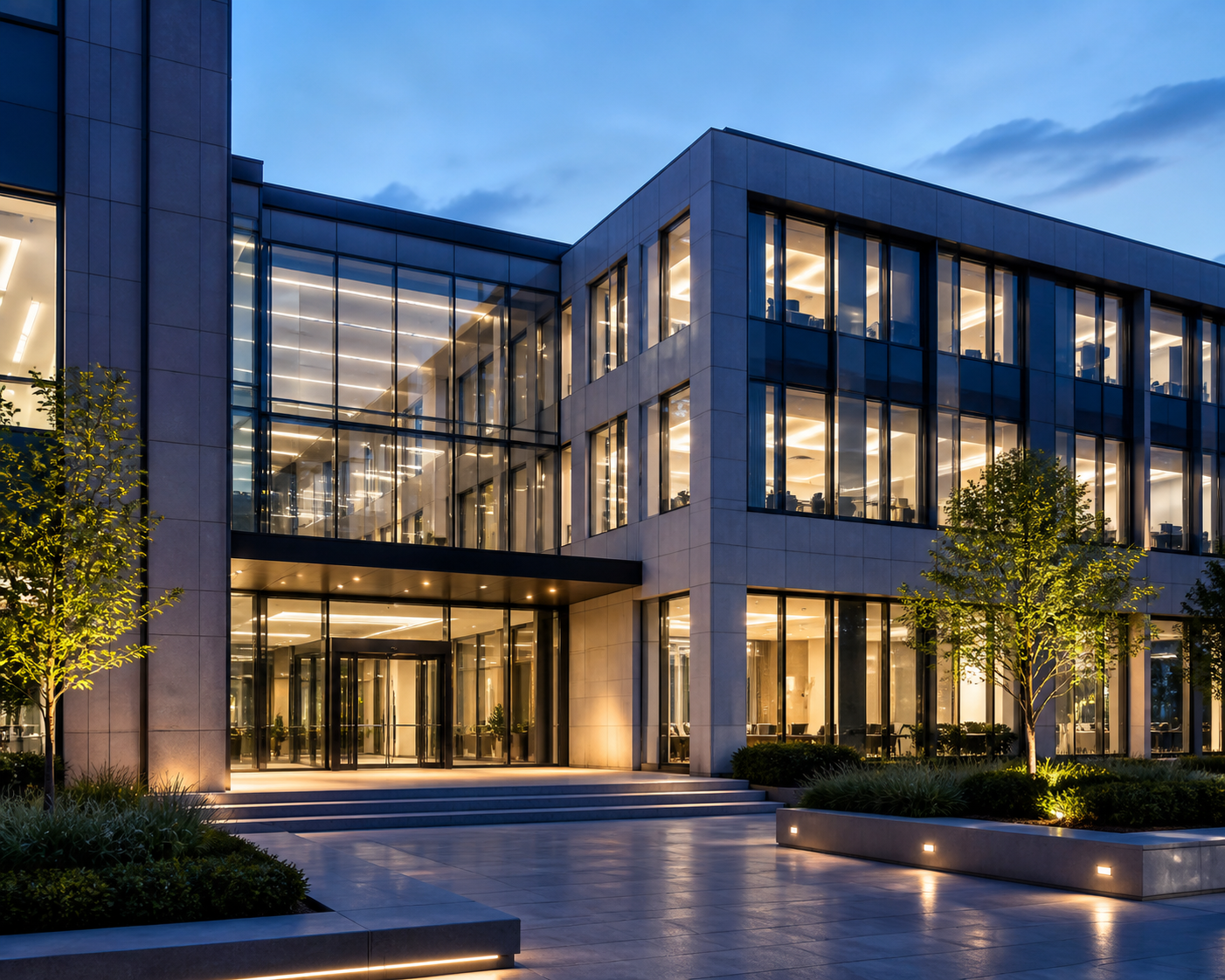 Premium modern technology office building illuminated at dusk